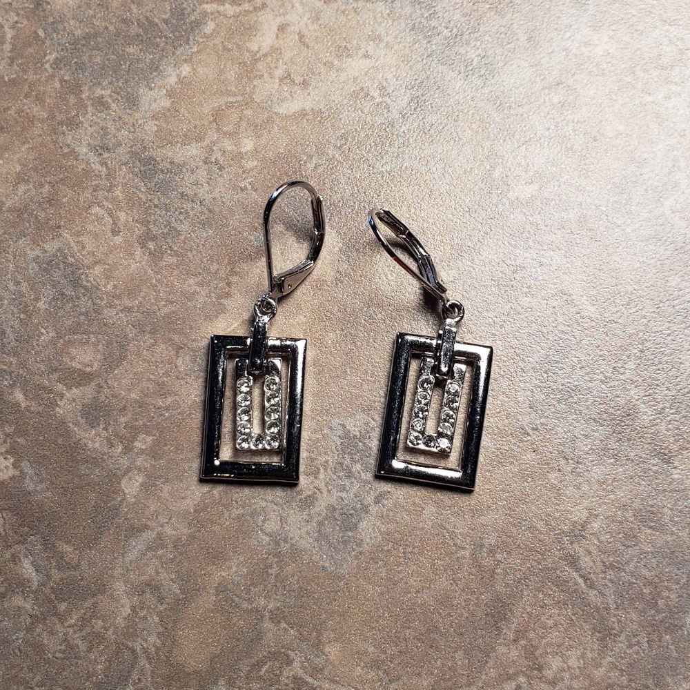 Earrings. Silvery rectangle with bling.